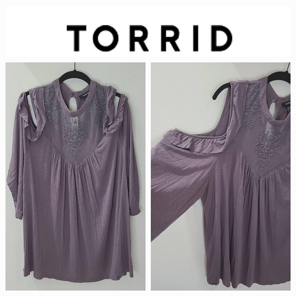 TORRID Cold-shoulder Tunic Top Relaxed Fit Mesh High Neck Dusty Purple Sz 3X